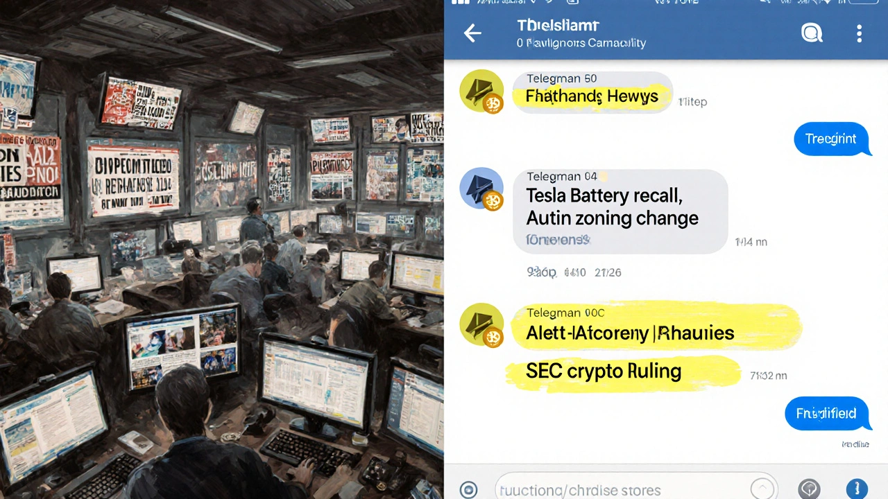 Split-screen: chaotic newsroom vs. focused Telegram keyword alerts highlighting precision over noise.