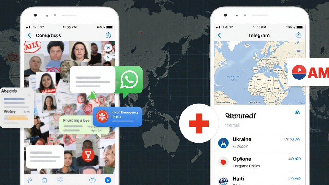 Split-screen: chaotic WhatsApp group vs. organized verified Telegram emergency channel with maps and official branding.