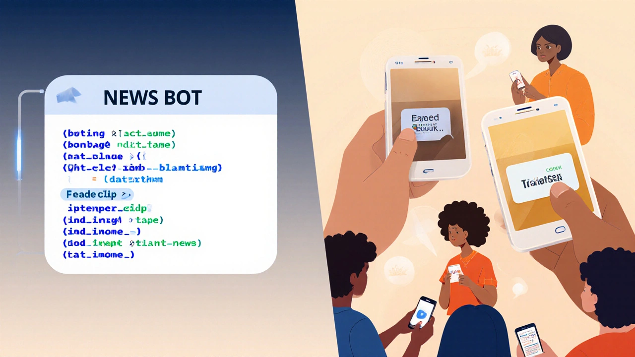 Split-screen: code for Telegram buttons on one side, users tapping buttons on phones on the other