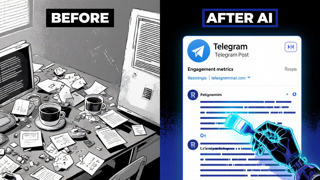 Split-screen comic panel showing messy notes vs. clean AI-edited Telegram post with engagement stats.