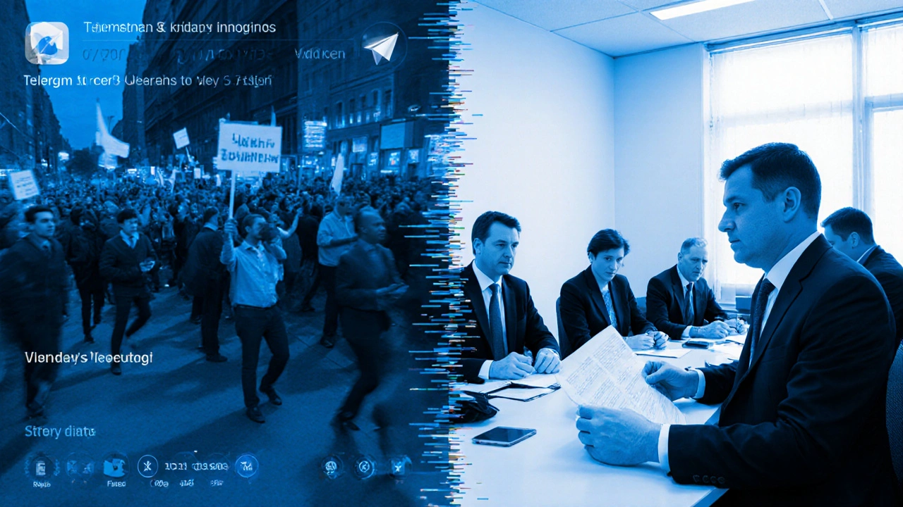 Split-screen comparison: anonymous Telegram updates versus formal newsroom journalists preparing a broadcast.