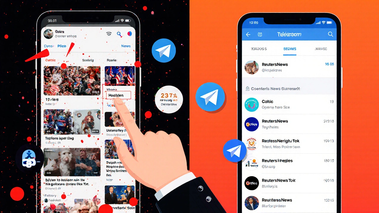 Split-screen comparison: chaotic TikTok feed vs. clean Telegram news channels with verification badges.