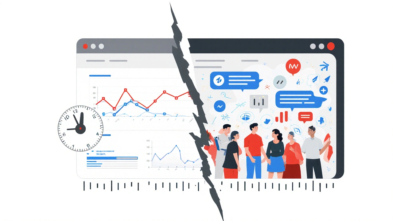 Split-screen concept: delayed data on left, real-time chat on right, symbolizing analytics timing differences.