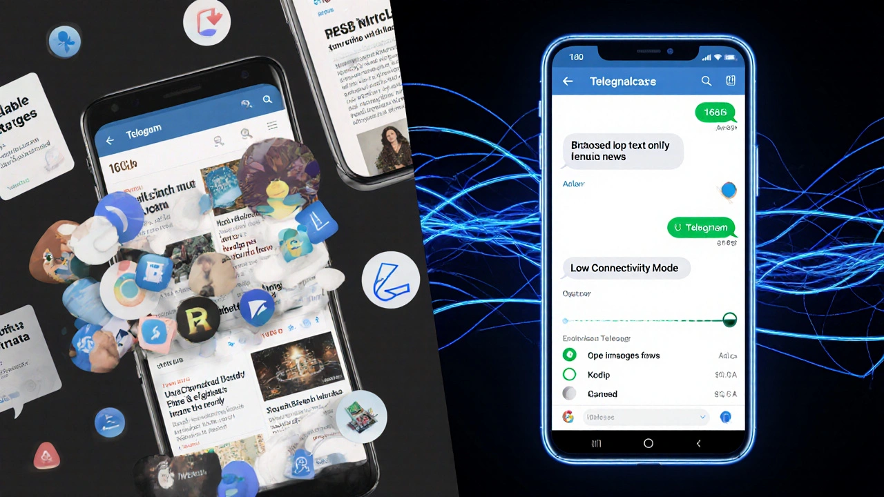 Split-screen showing bloated Telegram cache vs. optimized text-only news interface with low data usage.
