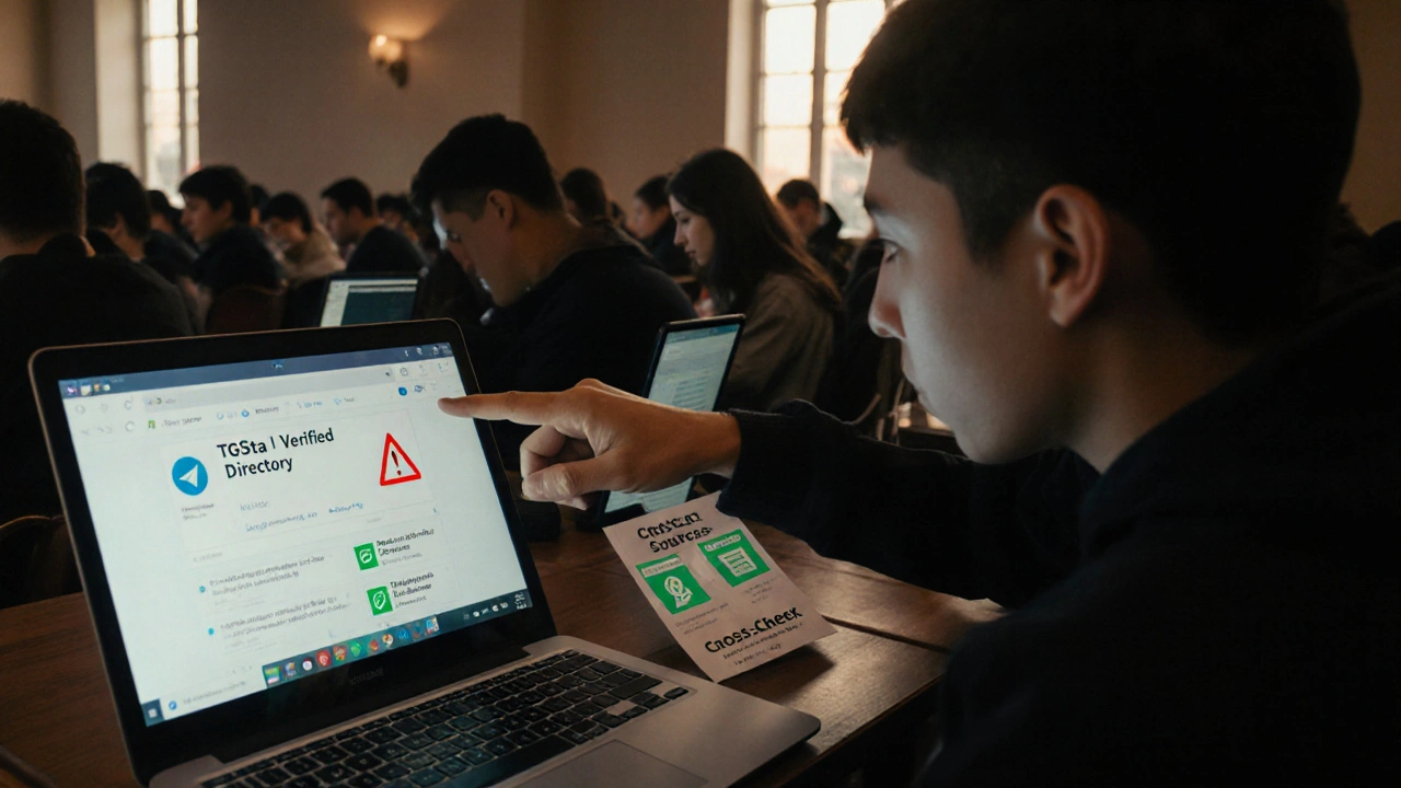 Students in library using Telegram for news, one consulting TGStat directory on laptop, others focused on phones.