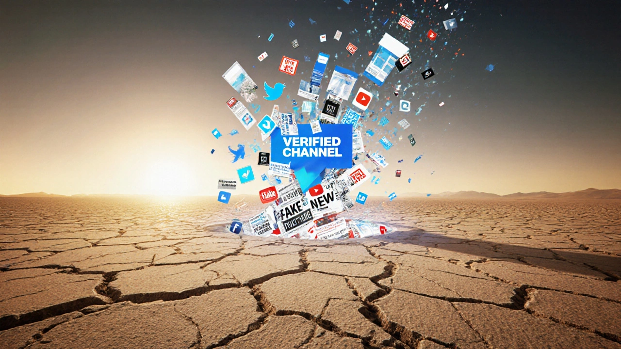 Surreal desert mirage of a verified Telegram channel made of social media icons and fake news.