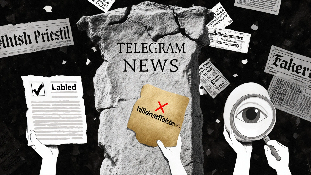 Symbolic pillar of Telegram news supported by ethical, deceptive, and investigative forces.