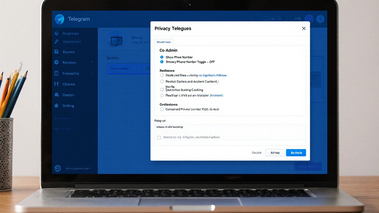 Telegram admin dashboard showing privacy settings and co-admin roles with policy version date.