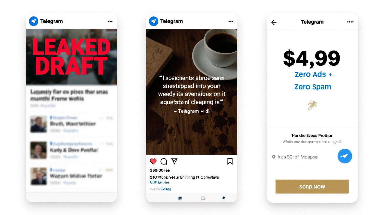 Three-panel Instagram carousel showing breaking news alert, subscriber quote, and premium pricing.