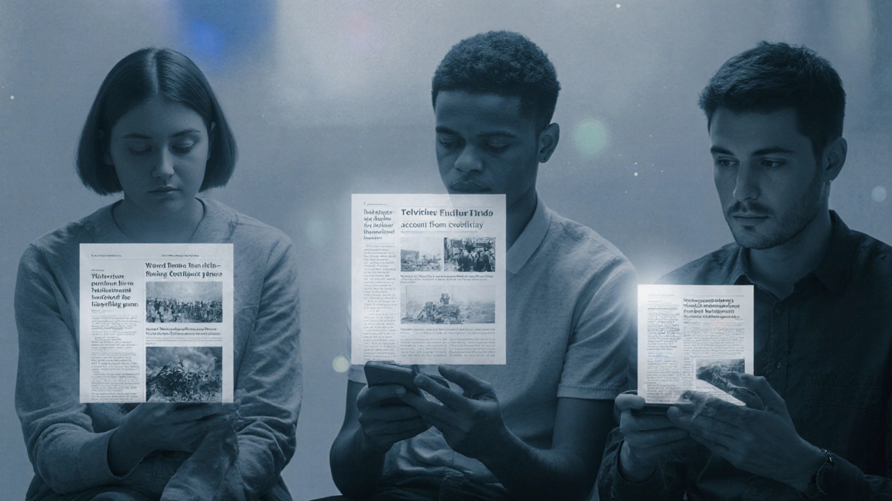 Three readers in different locations quietly reading the same verified Telegram report, illuminated by their screens.