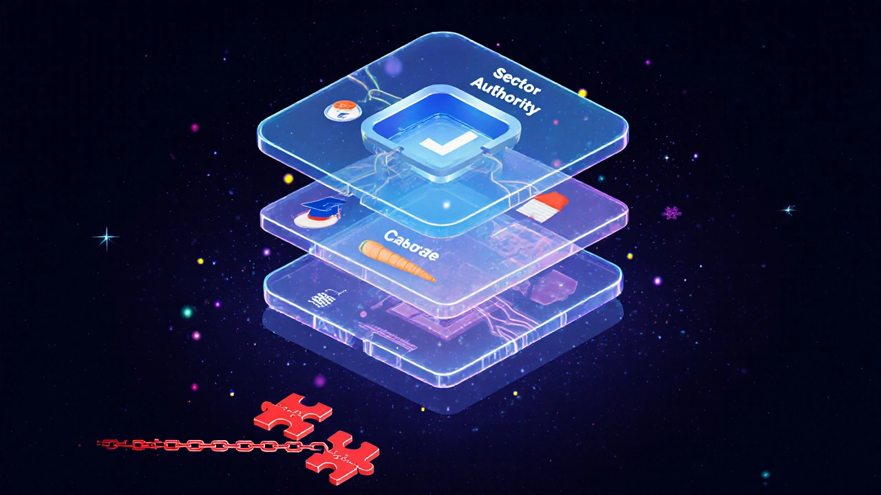 Three transparent layers of verification floating in space: identity, sector authority, and real-world proof, with a broken chain below.