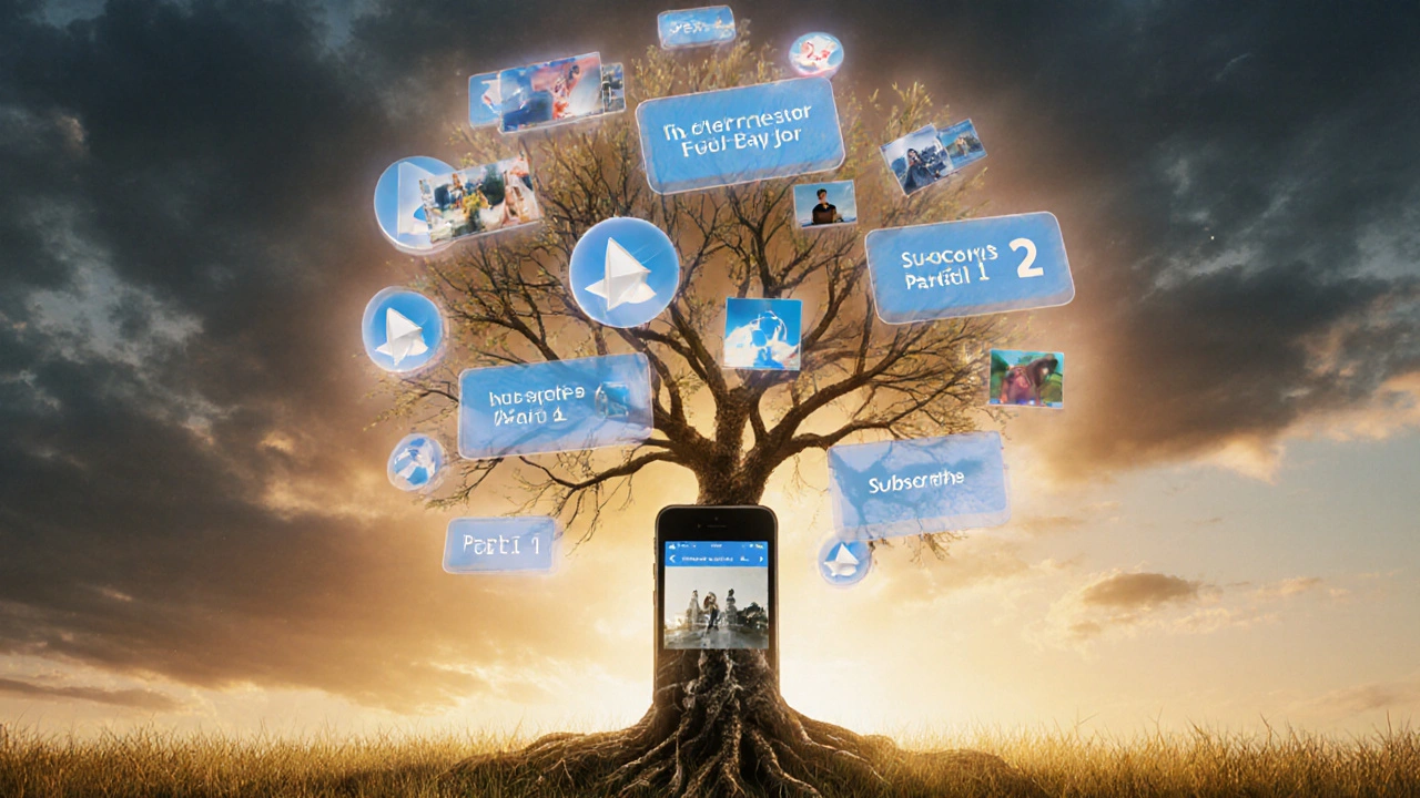 Tree made of Telegram subscribe icons growing from a phone screen, with video clip labels floating above in golden light.