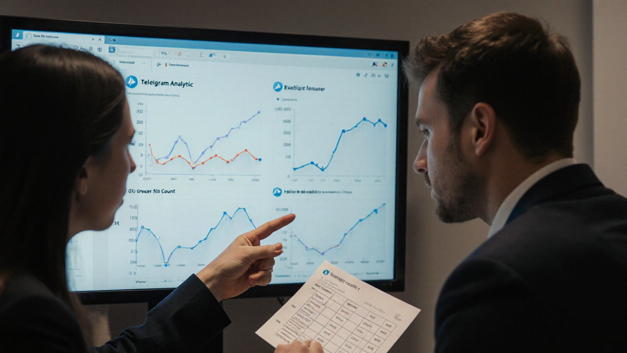 Two team members discussing Telegram analytics on a monitor, with a printed data dictionary in hand.