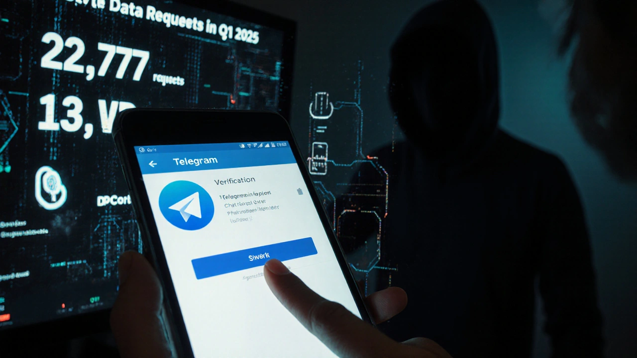 User interacting with a deceptive verified Telegram bot while shadowy figures extract personal data from the screen.