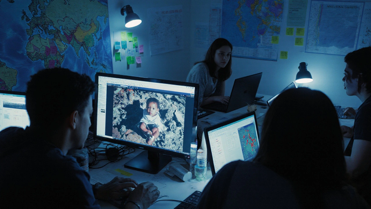 Volunteers verify disaster footage using satellite images and metadata on multiple computer screens.