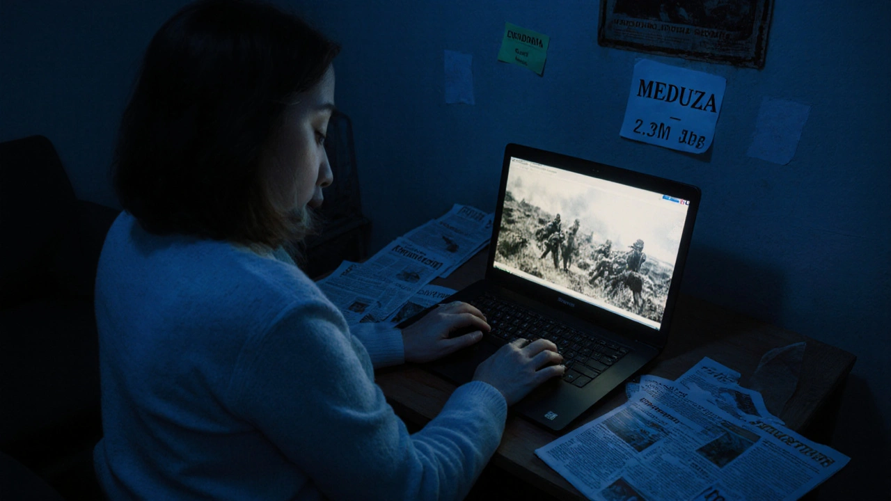 Woman in Moscow watching Ukrainian war footage on Telegram, surrounded by censored newspaper clippings.