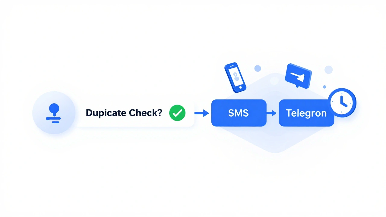 A clean automation flow diagram showing one alert route through a duplicate filter to either SMS or Telegram, not both.