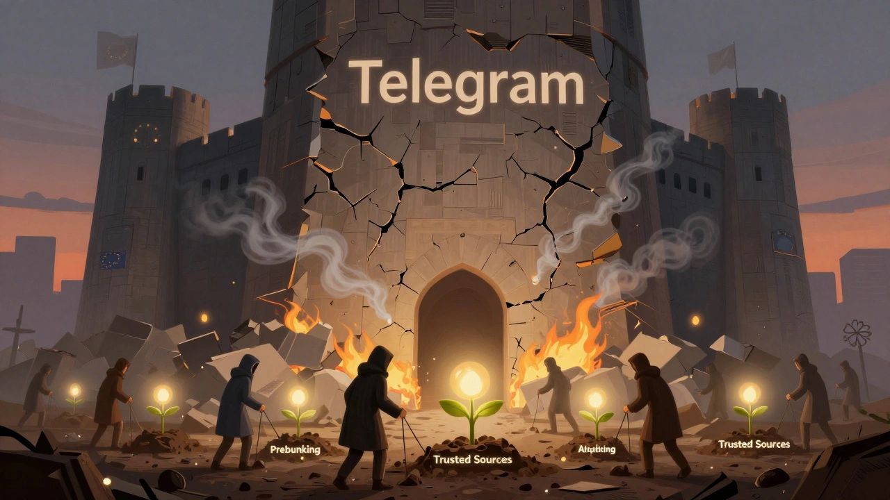 A crumbling Telegram fortress spewing falsehoods, while fact-checkers plant seeds of truth beneath it.