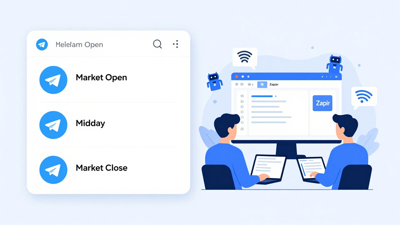 A digital illustration showing a Telegram channel with three daily posts and automation tools connecting to a Google Sheet.