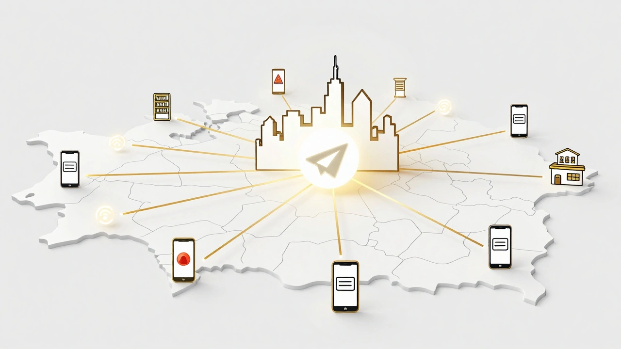 A digital network of connected devices and community spots radiating from a Telegram city-icon, symbolizing hyperlocal news reach.