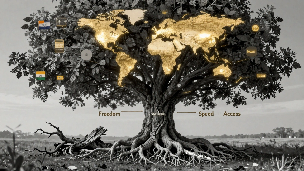 A digital tree with global news channels as leaves, rooted in freedom, beside a fallen traditional media tree.