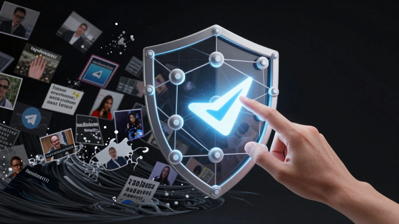 A fragile digital shield holding back a wave of manipulated media from a Telegram channel, with a human hand reinforcing verification.