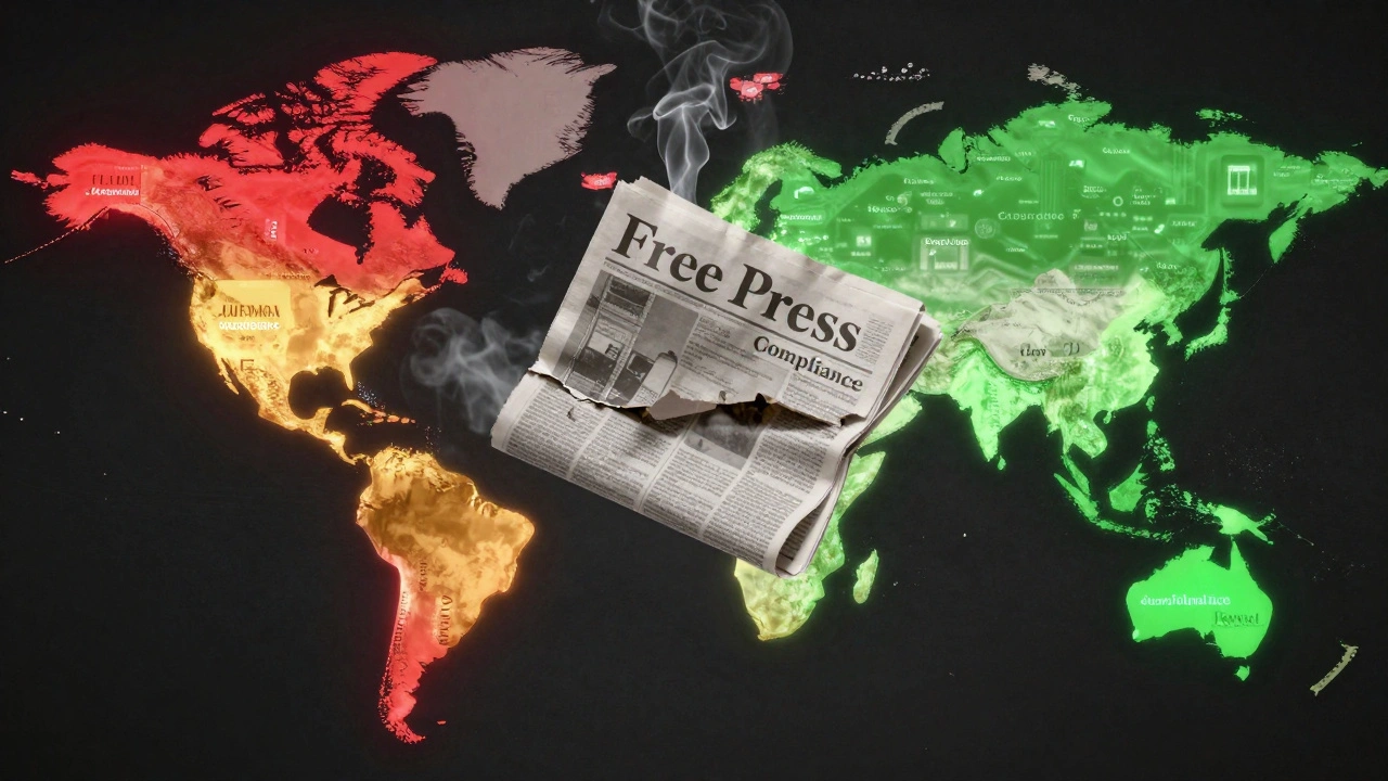 A global map showing regional differences in Telegram compliance, with a fragile newspaper torn by opposing forces.