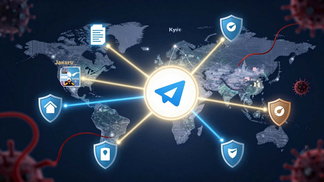 A global network of light connects cities with verified news, while shadowy misinformation is countered by verification shields.