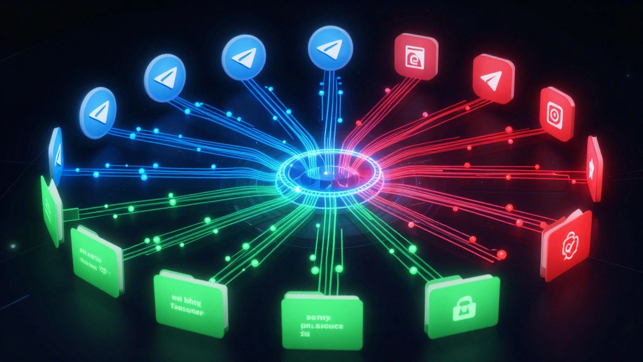 A glowing neural network filtering noise from Telegram channels, directing relevant content into labeled folders.