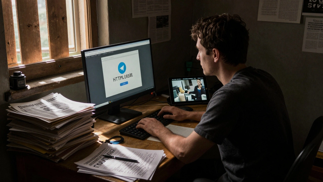 A journalist archiving Telegram news on a desktop, surrounded by printed reports and live footage in a safe house.