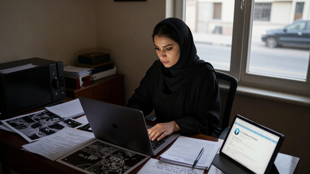 A journalist in the Middle East works with printed maps and a tablet showing a high-subscriber Telegram news channel.
