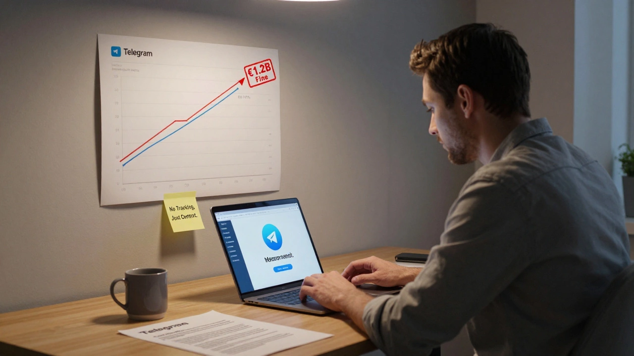 A journalist reviewing a Telegram news channel with a privacy-focused workspace and revenue growth chart in the background.