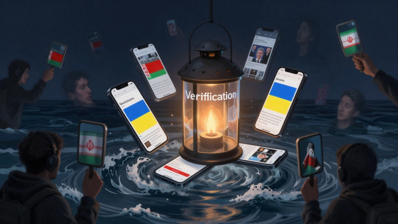 A lantern of smartphones shining truth above waves of misinformation.