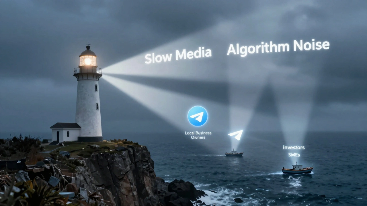 A lighthouse shaped like a Telegram logo guiding business owners through fog labeled 'Slow Media' and 'Algorithm Noise'.