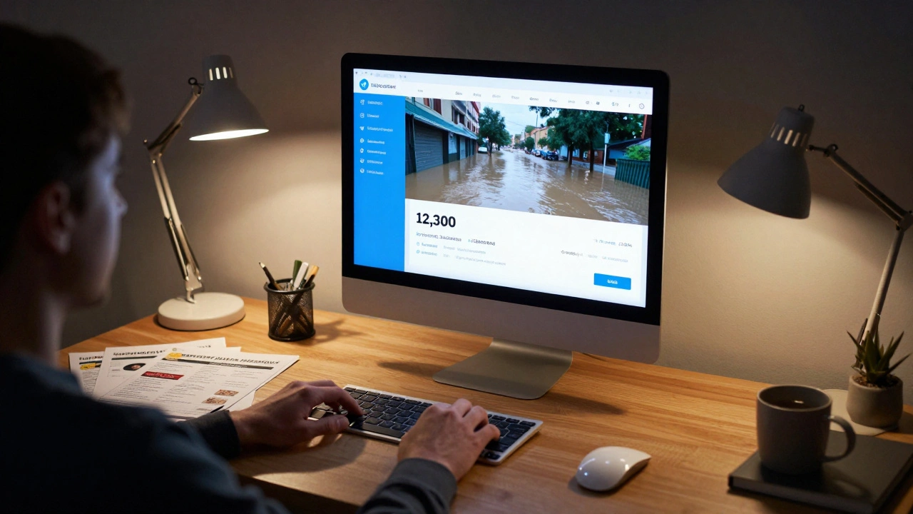 A local news operator managing a Telegram channel from a desktop, analytics visible on screen, videos of flooding playing in background.