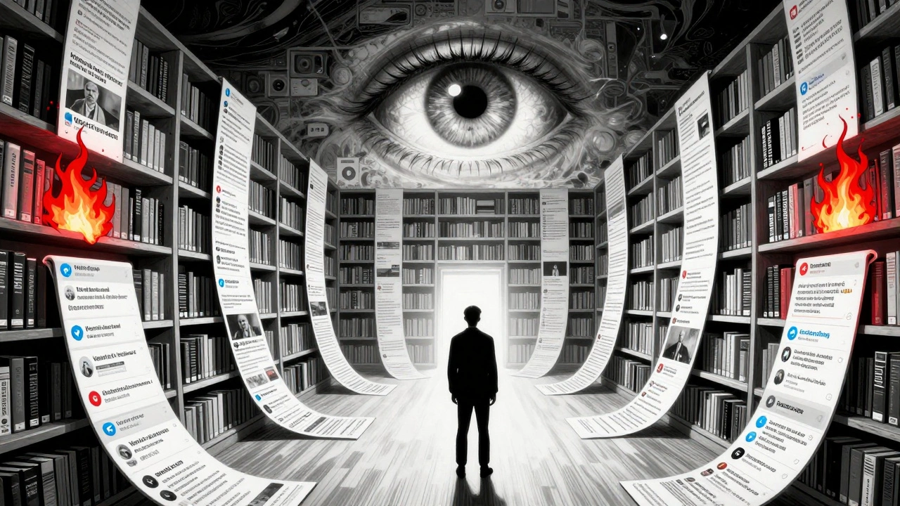 A lone figure in a library of Telegram messages, some glowing, some burning, watched by an eye reflecting the app icon.