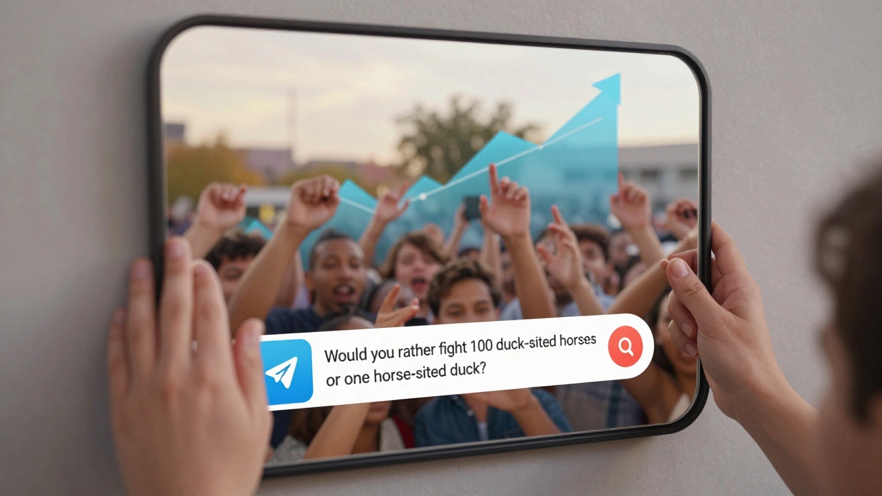 A mirror reflecting a humorous Telegram poll as hundreds of hands reach out to vote.