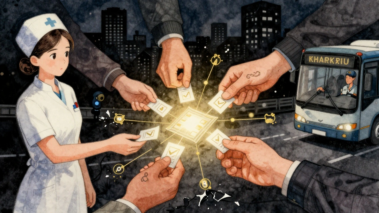 A network of hands passing verified information across war-torn cities.