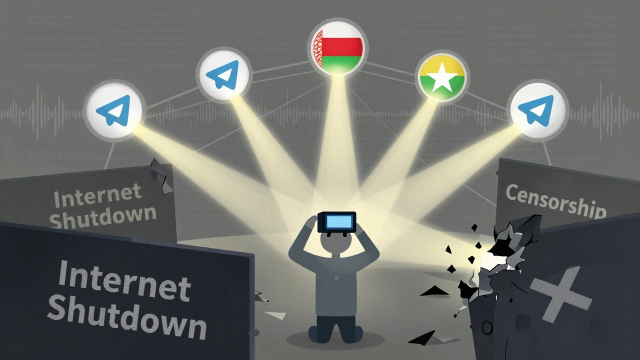 A network of light-connected nodes symbolizing Telegram news channels surviving censorship in conflict zones.