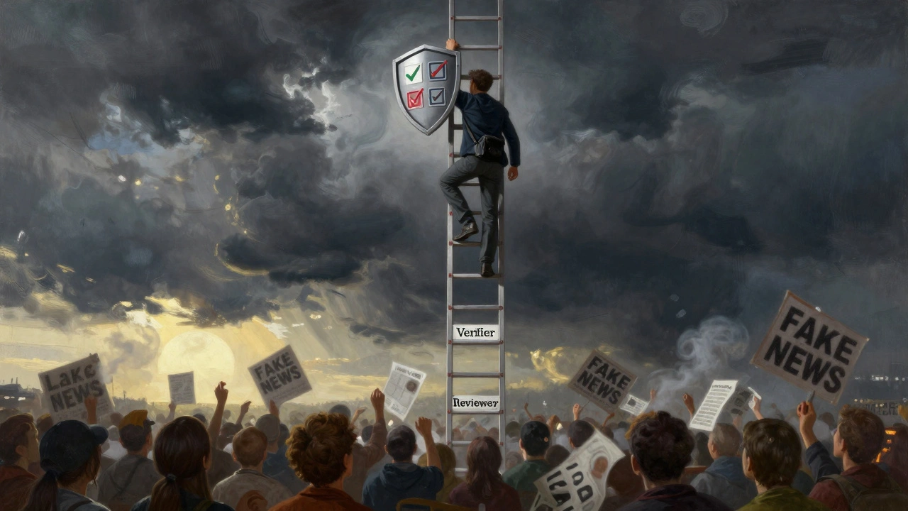 A person climbing a verification ladder toward a sunlit horizon, leaving behind chaotic fake news, holding a shield of checkmarks.
