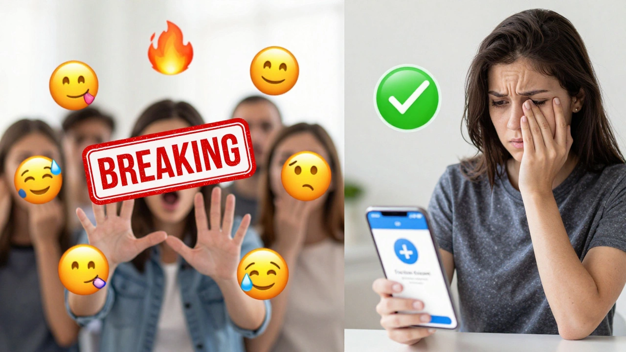 A person hesitating before sharing a shocking message, contrasting impulsive forwarding with mindful fact-checking.