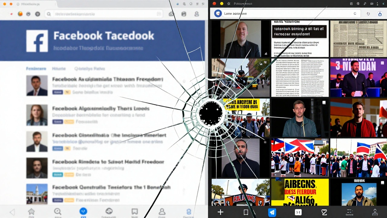 A split-screen comparison of a censored social media feed versus an unfiltered Telegram news feed.