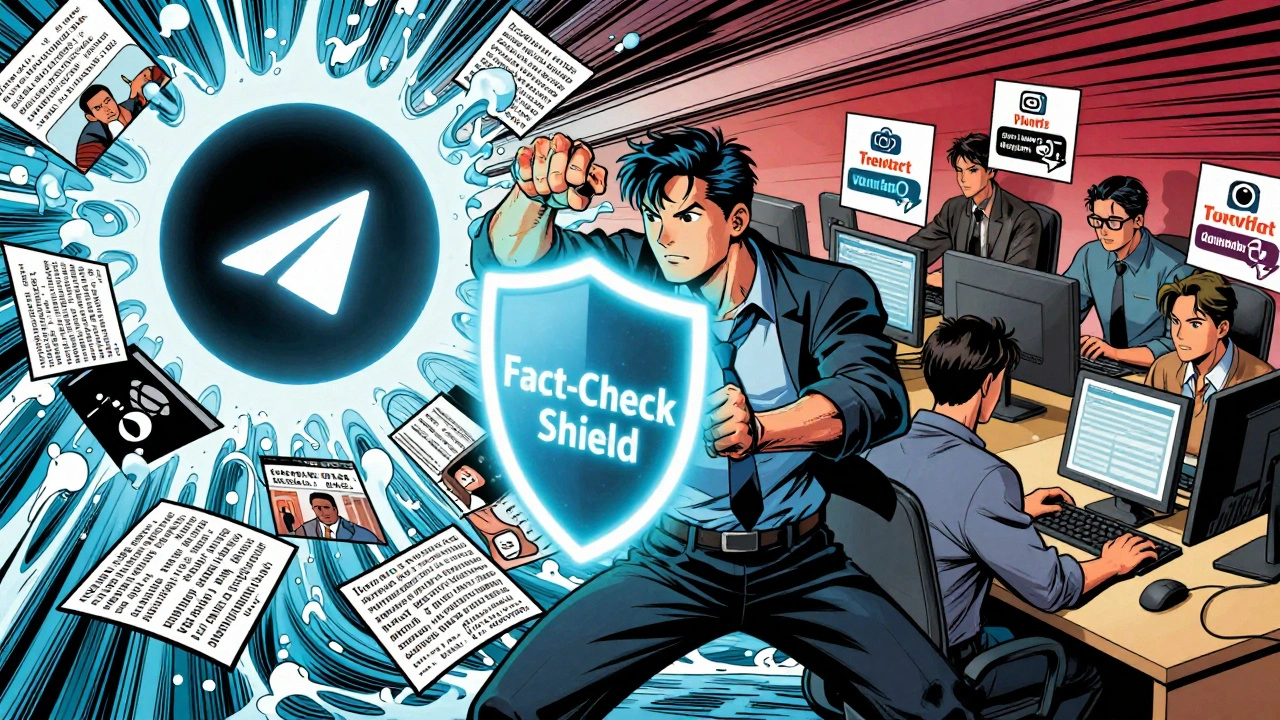 A superhero journalist blocks a flood of fake news from a Telegram icon using a fact-check shield.