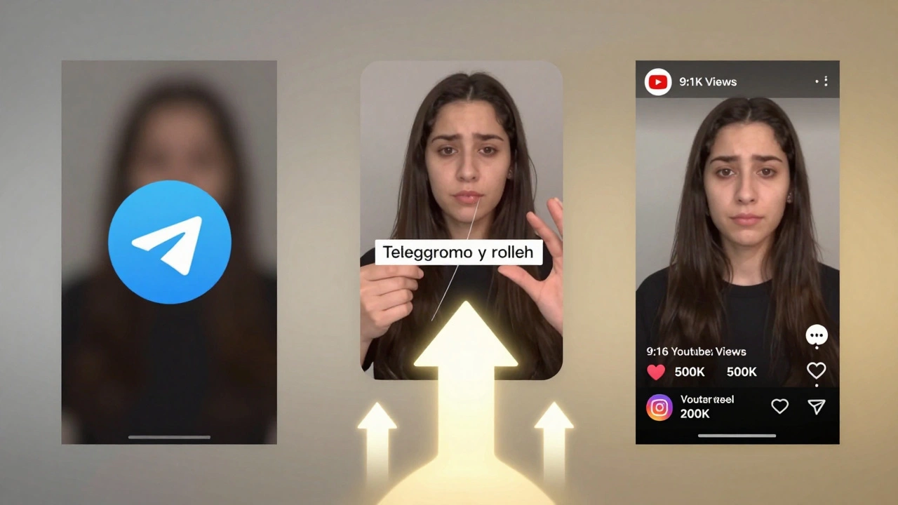 A Telegram clip transforming into viral Shorts on YouTube, TikTok, and Instagram with growing view counts.
