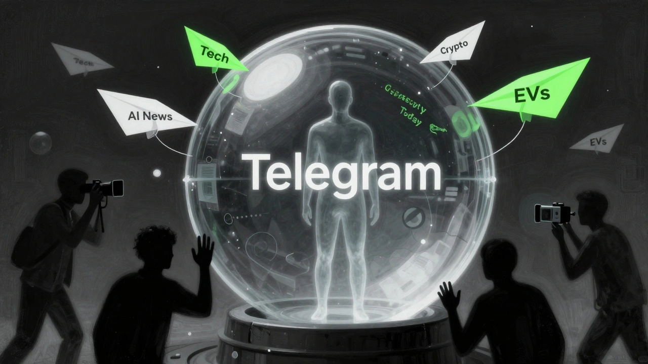 A transparent figure surrounded by topic-based ads inside a privacy sphere, while data trackers are frozen outside.