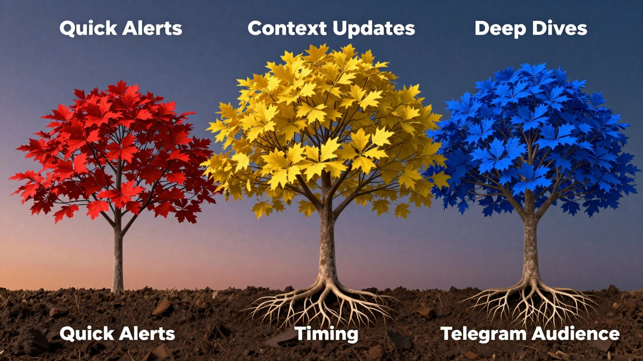A tree with color-coded branches representing quick alerts, context updates, and deep dives, rooted in trust.