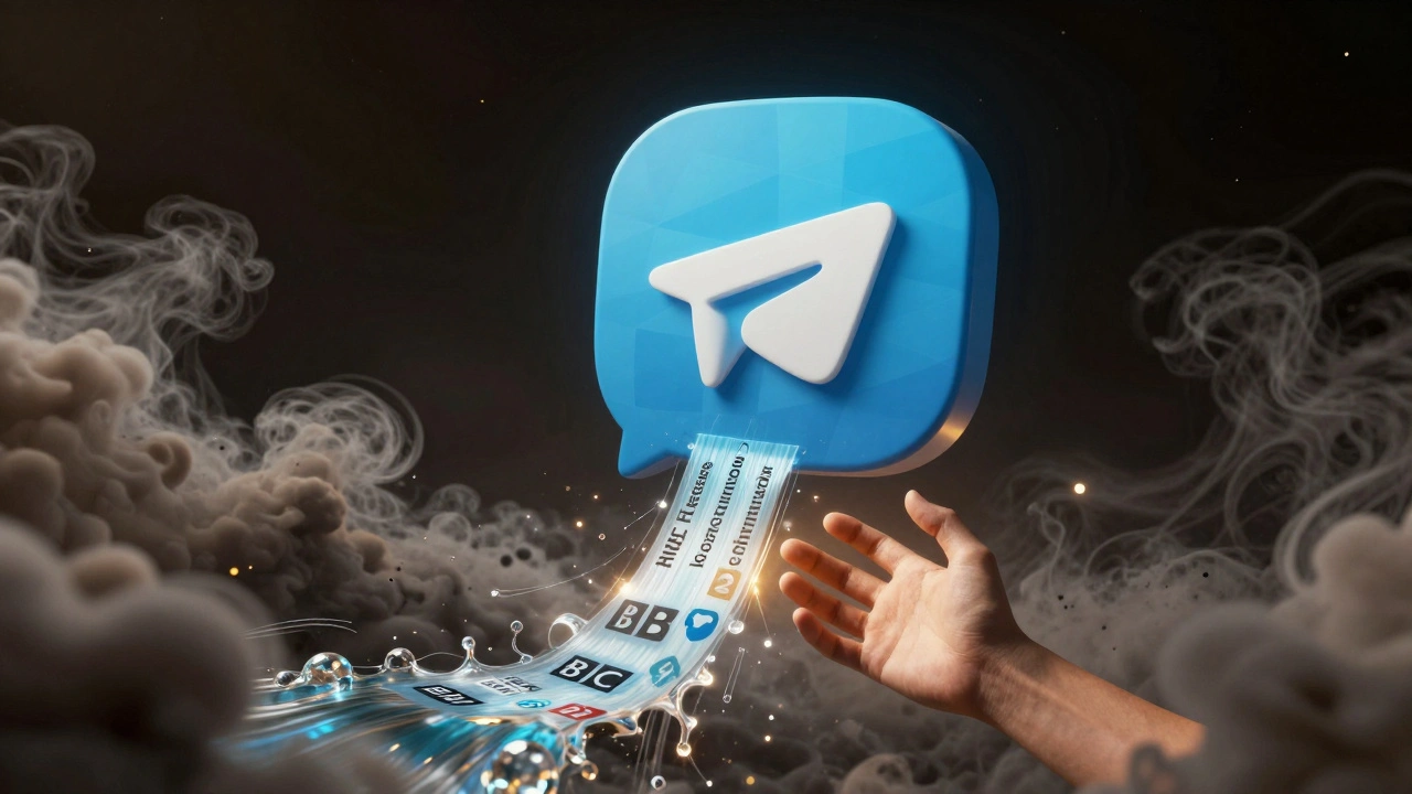 A verified Telegram channel glowing amid swirling misinformation, with a hand reaching for the truth.