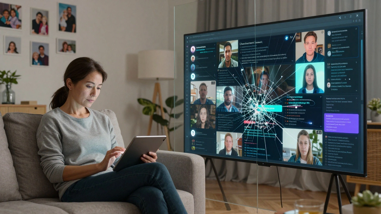 A woman scrolling on Telegram in her living room, while hidden bot networks and deepfakes swirl beneath her screen.