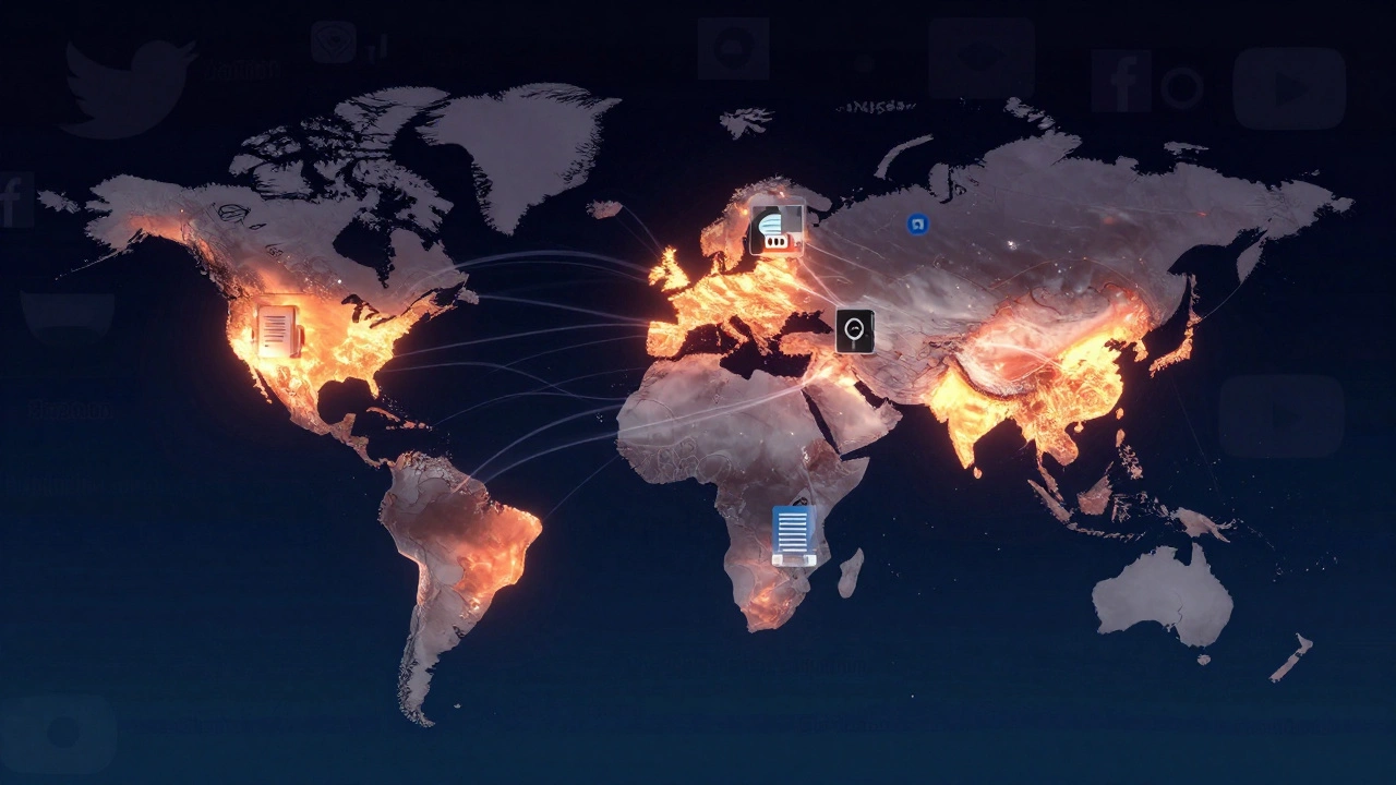 A world map showing Telegram usage hotspots with encrypted data streams, while mainstream platforms fade away.