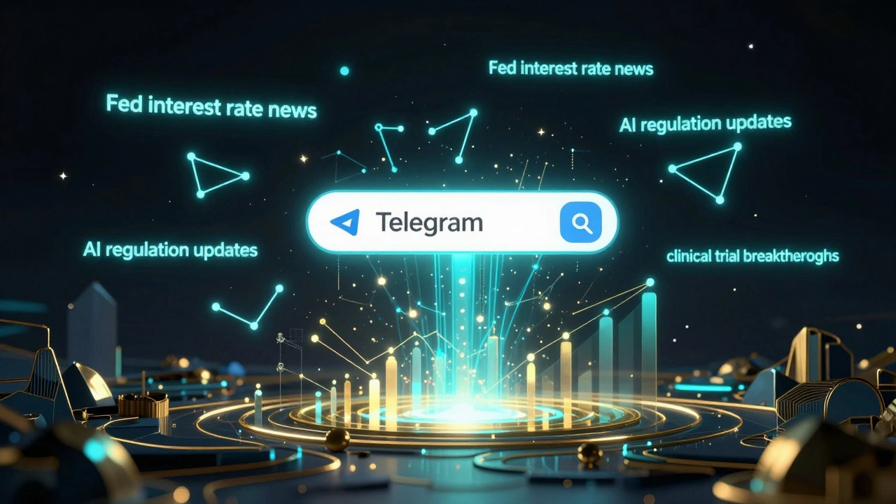 Abstract digital visualization of search keywords connecting to subscriber growth on Telegram.